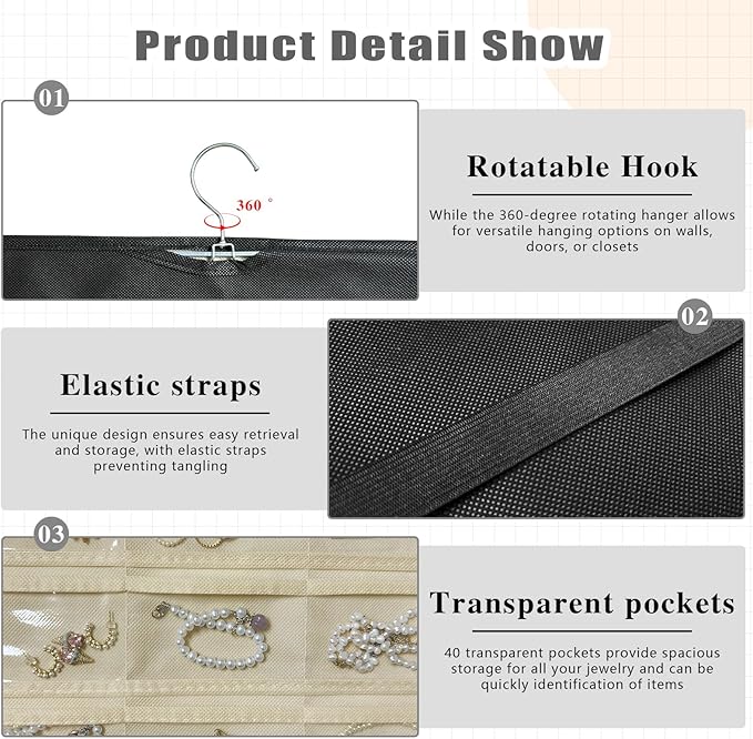 Hanging Jewelry Organizer Storage, 40 Pockets 36 Hooks Necklace Earring Bracelet Ring Organizer, Double - Sided Design, Black and Beige