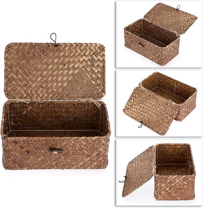 Hipiwe Wicker Shelf Baskets Bin with Lid, Handwoven Seagrass Basket Storage Bins Rectangular Household Basket Boxes for Shelf Wardrobe Home Organizer, Coffee X-Small