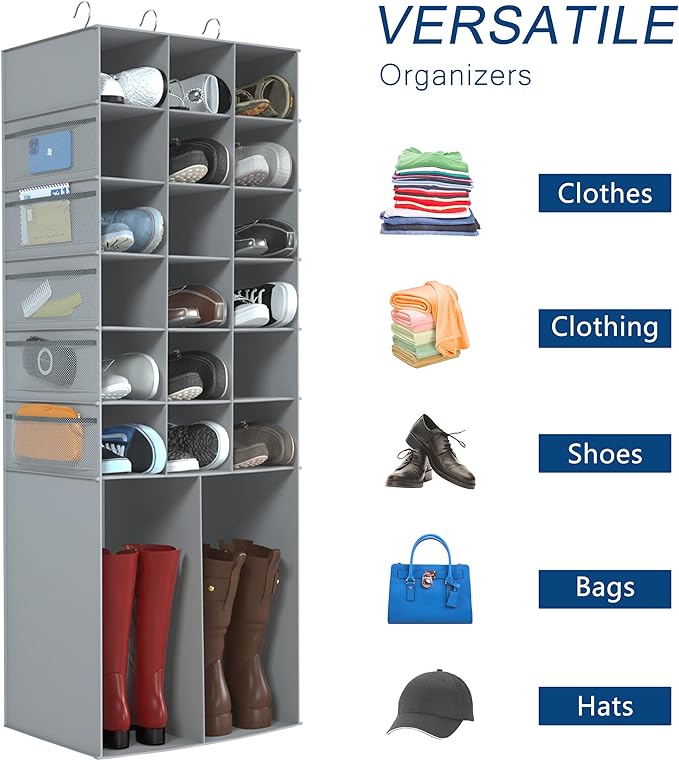 Hanging Shoe Rack for Closet,18+2 Sections Hanging Shoe Closet Organizers and Storage with 10 Side Mesh Pockets,Space-Saving Shoe Storage & Holder,Grey