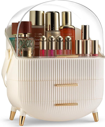 Covered Makeup Cosmetic Countertop - Large Cosmetic Organizer - Trendy Oval Shape Storage for Skin Care Organizer - Clear Lid, Storage Drawers, Carry Handle - Cute Stylish Decor Solution (White)
