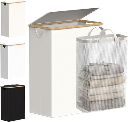 efluky Slim Laundry Basket with Lid, Narrow Laundry Hamper with Removable Bag, Skinny Dirty Clothes Basket with Bamboo Handles for Bathroom, Bedroom & Laundry Room, 65L Beige
