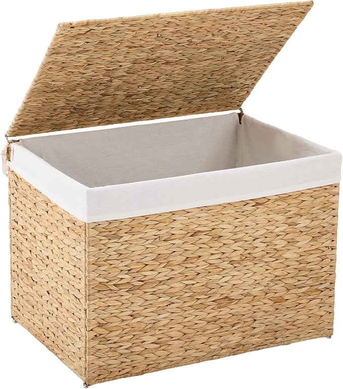 Water Hyacinth Storage Basket with Lid, 46.2 Gallon (175L) Wicker Shelf Basket with Removable Liner, Wicker Storage Basket for Blanket, for Livingroom, Bedroom, Natural
