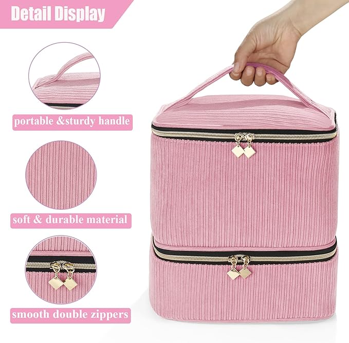 Corduroy Nail Polish Organizer and Nail Lamp Case, Nail Kit Organizer Holds 30 Bottles (15ml - 0.5 fl.oz) and a Nail Lamp, Nail Polish Carrying Case with Manicure Tools Storage Sections (Pink)