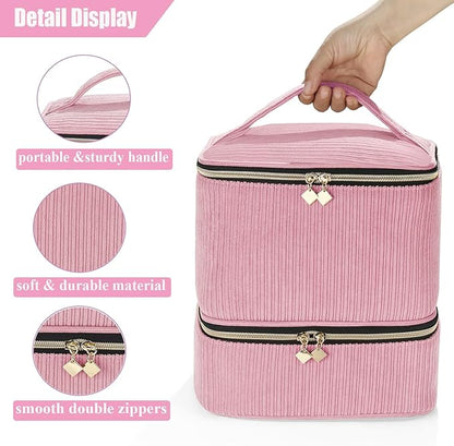 Corduroy Nail Polish Organizer and Nail Lamp Case, Nail Kit Organizer Holds 30 Bottles (15ml - 0.5 fl.oz) and a Nail Lamp, Nail Polish Carrying Case with Manicure Tools Storage Sections (Pink)