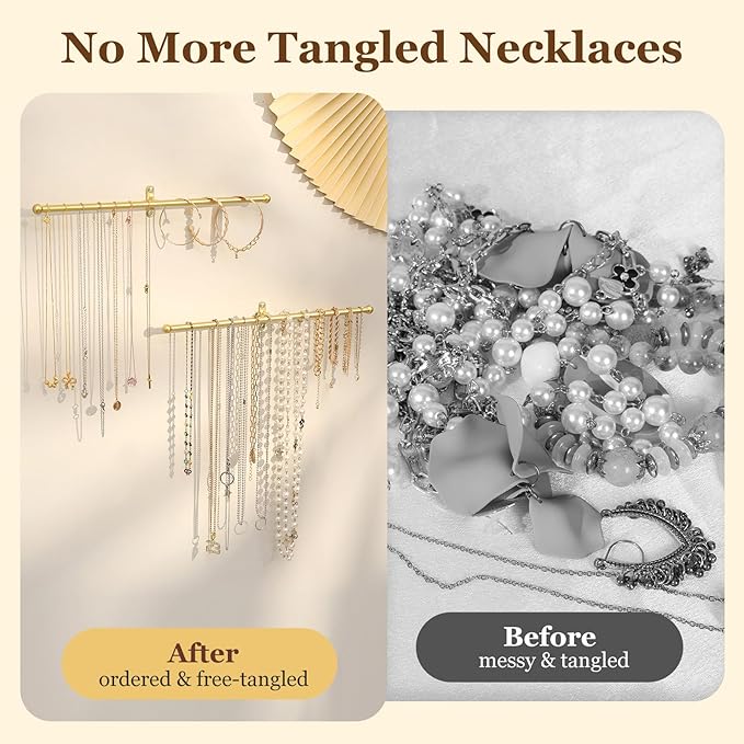 2 Pack Necklace Holder Wall Mounted 12.7'' Necklace Organizer Gold Wall Hanging Jewelry Organizer for Necklaces, Bracelets Rings Display