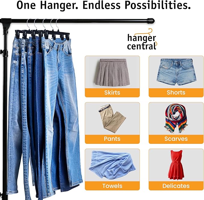 12 Pack Pants Hangers – 12 Inch Slim Plastic Clothes Hangers with Clips for Skirts, Pants, Shorts – Space Saving Heavy Duty Closet Organizer with Non Slip Grip & Swivel Hook – Black