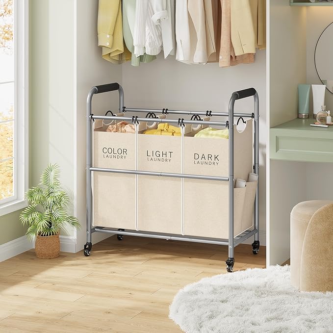 Tajsoon 3 Bag Laundry Sorter Cart, Laundry Hamper Sorter Basket with Heavy Duty Lockable Rolling Wheels for Clothes Storage, Beige