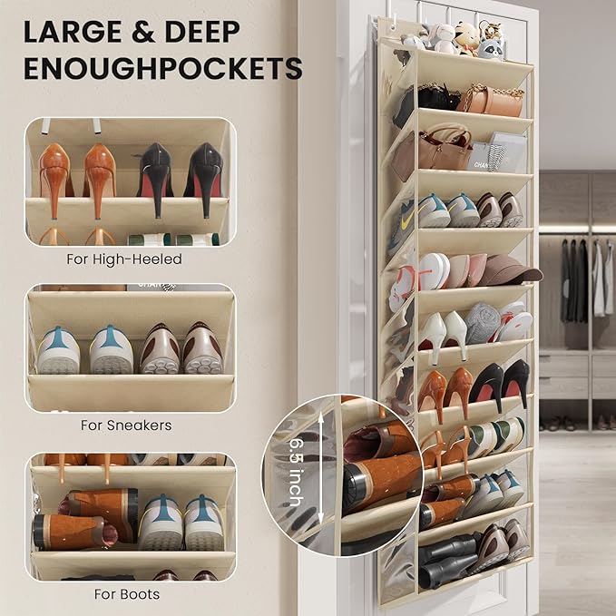 20-25 Pairs Over the Door Shoe Organizer, Clear Pockets Shoe Rack for Closet Door, 10-Tier Hanging Shoe Rack for Boots, Behind the Door Shoe Holder Fit All the Family's Sneakers, Boots, Heels, Beige