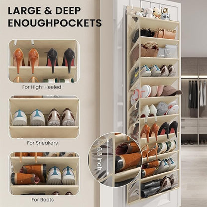 20-25 Pairs Over the Door Shoe Organizer, Clear Pockets Shoe Rack for Closet Door, 10-Tier Hanging Shoe Rack for Boots, Behind the Door Shoe Holder Fit All the Family's Sneakers, Boots, Heels, Beige