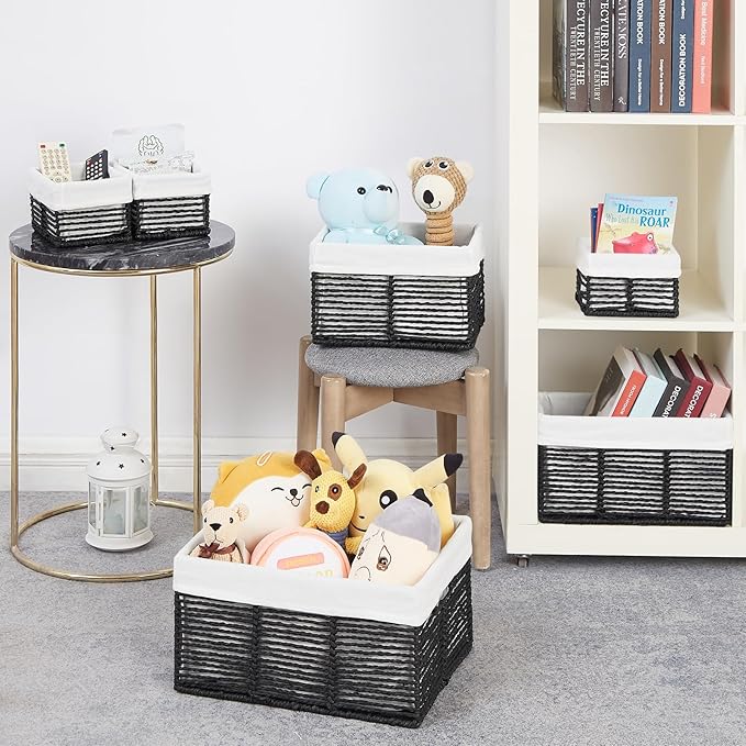 Vagusicc Wicker Storage Basket, 6 Pack Baskets for Organizing, Wicker Baskets with Handle, Rectangular Woven Basket for Storage Shelves, Cube Storage Bins for Closet/Clothes/Dresser, Black