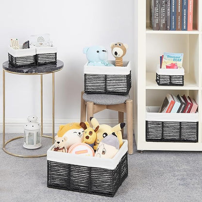 Vagusicc Wicker Storage Basket, 6 Pack Baskets for Organizing, Wicker Baskets with Handle, Rectangular Woven Basket for Storage Shelves, Cube Storage Bins for Closet/Clothes/Dresser, Black