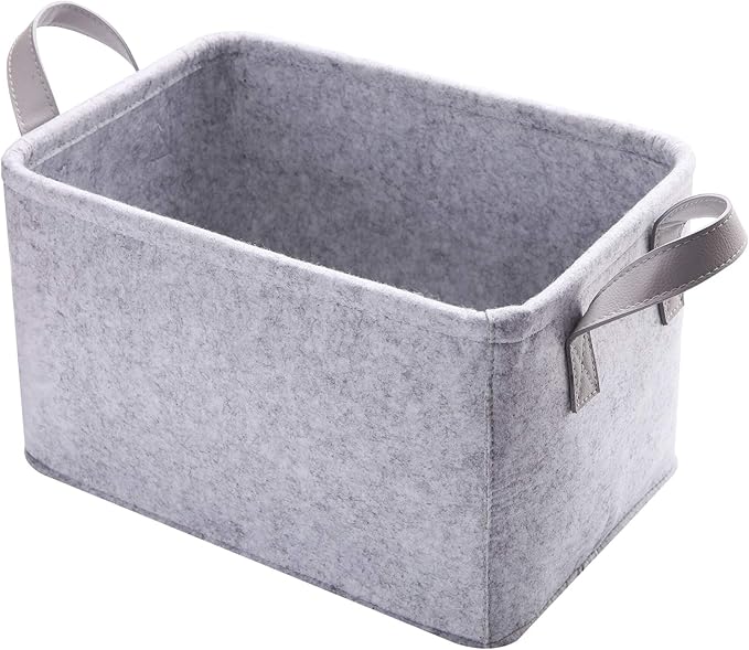 Collapsible Storage Bins Foldable Felt Fabric Storage Basket Organizer Boxes Containers with Handles PU Handles for Nursery Toys,Kids Room,Clothes,Towels,Magazine (PU-Light grey, 15.9L×11W×9.8H)