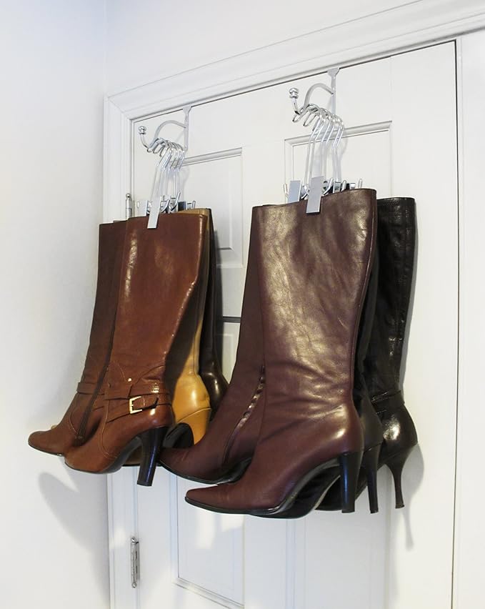 Boottique Over The Door Boot Storage System with 3 Boot Hangers, Closet Valet (Silver)
