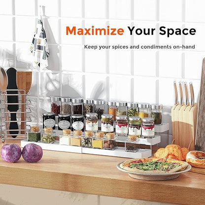 Expandable Spice Rack Organizer for Cabinet - 3 Tier Adjustable Cabinet Spice Organizer Easy Visibility - Spice Organizer for Cabinet Countertop Cupboard Pantry Organization (White)