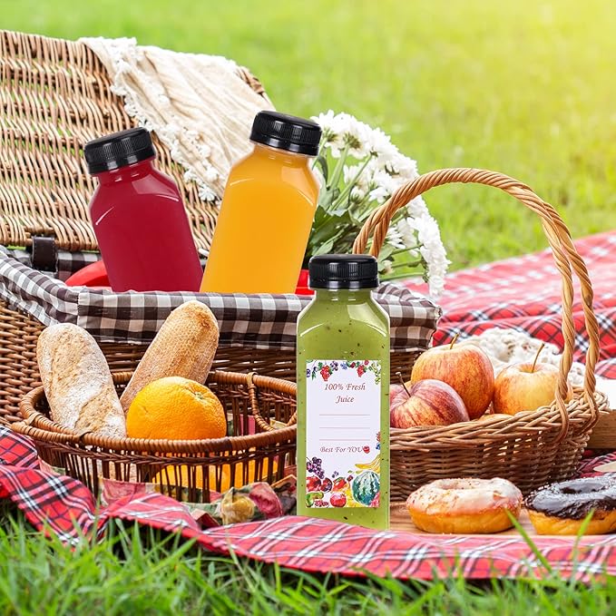 SUPERLELE 12pcs 12oz Plastic Juice Bottles with Caps, Clear Reusable Juice Containers with Lids for Juicing, Smoothie, Drinking and Other Beverages