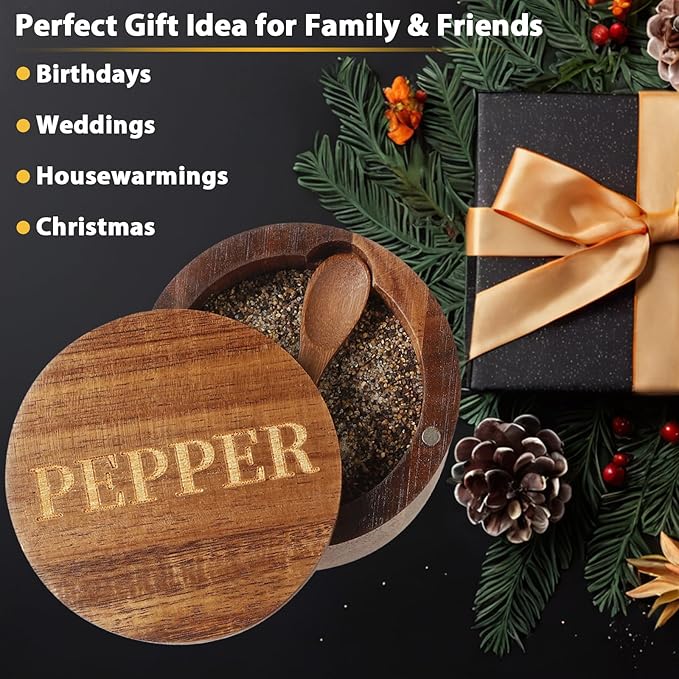 Timtopno PEPPER Cellar, Acacia Wood Salt Container with Built-in Spoon & Swivel Lid, Engraved PEPPER Box, Salt Holder Bowl for Countertop Seasoning Storage