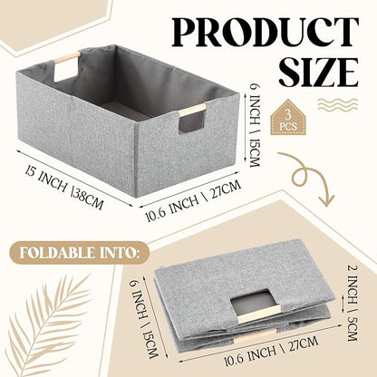 Cinnvoice 3 Pack Fabric Storage Bins for Closet Shelves, Rectangle Wardrobe Organizer with Handle, Collapsible Shelves Storage Basket for Sorting Clothes and Toy (Grey,15 x 10.6 x 6 Inch)