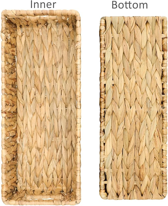 Graciadeco Nesting Small Wicker Basket, Water Hyacinth Toilet Paper Baskets Bathroom Organizer Woven Long Narrow Baskets for Organizing Pantry Bathroom Toilet Tank, 2 Pack