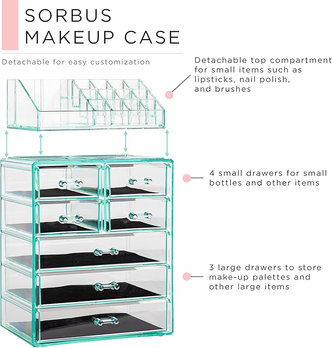 Sorbus Acrylic Makeup Organizer Set, 7-Drawer Vanity & Countertop Cosmetic Storage with Small & Wide Compartments, Teal Thrill Makeup Storage for Brushes, Jewelry – Holiday Gift for Women & Teens