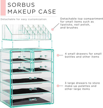 Sorbus Acrylic Makeup Organizer Set, 7-Drawer Vanity & Countertop Cosmetic Storage with Small & Wide Compartments, Teal Thrill Makeup Storage for Brushes, Jewelry – Holiday Gift for Women & Teens