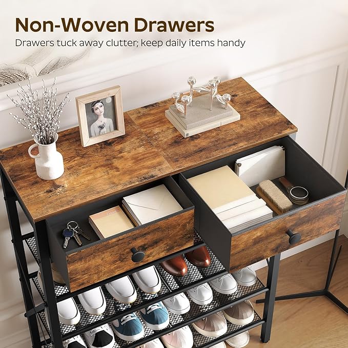 YATINEY 5 Tier Shoe Rack, Large Capacity Shoe Storage Organizer, Metal Shoe Shelf with Drawer and Wooden Top, for 20 Pairs of Shoes, for Entryway, Closet, Rustic Brown and Black SS25BRY1N1
