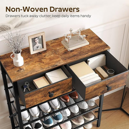 YATINEY 5 Tier Shoe Rack, Large Capacity Shoe Storage Organizer, Metal Shoe Shelf with Drawer and Wooden Top, for 20 Pairs of Shoes, for Entryway, Closet, Rustic Brown and Black SS25BRY1N1