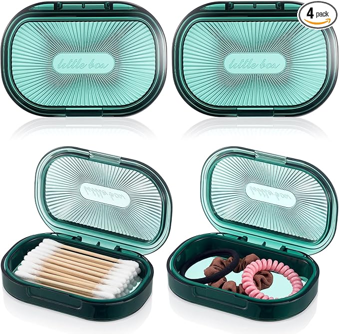 Kigley 4 Pcs Hair Tie Container Small Portable Travel Cotton Swab Holder Dispenser with Lid Plastic Box Storage Containers for Small Items, 3.94 x 2.76 Inch (Green)