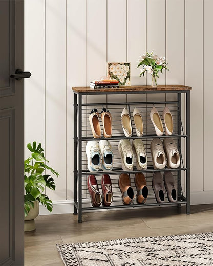 CHOEZON Shoe Rack, 4-Tier Narrow Shoe Storage Shelf, Slim Shoe Rack with Wooden Top and Metal Shelves, Slanted Shoe Organizer, Industrial Style, for Entryway, Hallway, Rustic Brown and Black TXJ76BF