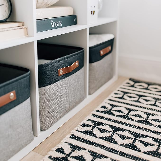OrganiHaus 16x12.5in Canvas Storage Baskets 3 Pack | EXTRA LARGE Fabric Bins for Shelves | Linen Closet Organizer | Gray/Black