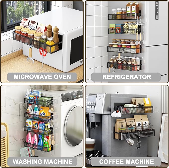 Aufworld Magnetic Spice Rack for Refrigerator, 5 Pack Magnetic Shelf, Moveable Magnetic Fridge Organizer with an 8-Hook Rack, Seasoning Organizer for Kitchen Organization (Extra with 8 Hooks)