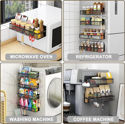 Aufworld Magnetic Spice Rack for Refrigerator, 5 Pack Magnetic Shelf, Moveable Magnetic Fridge Organizer with an 8-Hook Rack, Seasoning Organizer for Kitchen Organization (Extra with 8 Hooks)