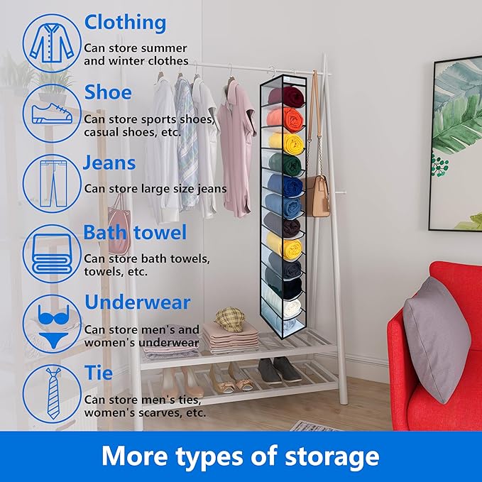 Legging Organizer for Closet Hanging, Legging Storage Bag Can Holds 24 Leggings Jeans or Shirts, Heavy Duty Metal Hooks for Over Door Storage, Wardrobe Clothes Storage