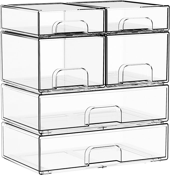 Yieach Clear Stackable Storage Drawers - Set of 6 - Acrylic Drawers,Bathroom Organizer Bin and Plastic Makeup Organizer,Clear Stacking Brightroom Storage Boxes for Vanity,Cabinet,Pantry Organization