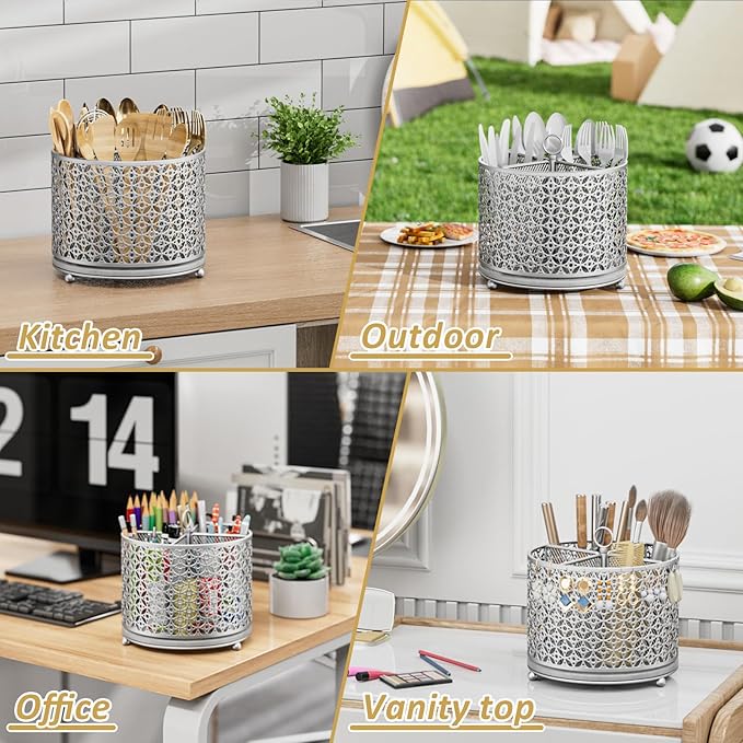 Rotating Utensil Holder for Kitchen - Silverware Caddy Fast-Drying Flatware Organizer 4 Compartment Large Cutlery Holder Utensils Caddy with Handle For Kitchen Countertop Party Picnic Table Silver