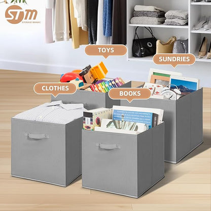 STORAGE MANIAC Storage Cubes, 13 Inch Collapsible Storage Bins with Handles, 4 Pack Fabric Foldable Bins for Organization, Durable Storage Bins for Closet, Shelves, Offices, Toys, 4-Pack Grey
