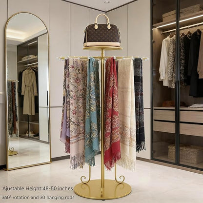 360° Rotating Gold Scarf Display Tie Rack Belt Hanger Holder Shawl Shelf, Adjustable Height Boutique Retail Display Stand Home Organizer for Commercial Clothing Store, Bedroom