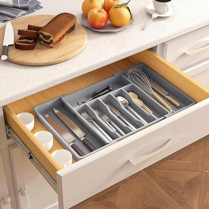 YWHWXB Silverware Drawer Organizer,Expandable Utensil Tray,Large Kitchen Drawer Organizer,Adjustable Plastic Flatware Organizer for Flatware Cutlery Spoon Knives Drawer Storage Organization (Grey)