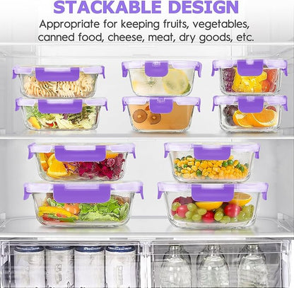 34pcs Glass Food Storage Containers with Lids Set, Airtight Glass Meal Prep Containers (17 Containers & 17 Lids), Leak Proof Lunch Container BPA-Free, Microwave, Oven, Freezer, Dishwasher Safe-Purple