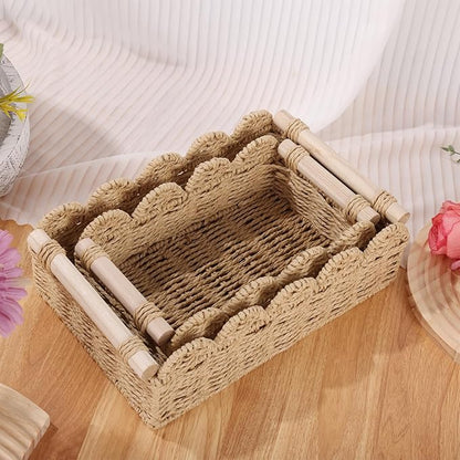 2 Set Paper Rope Scalloped Edge Decor Baskets for Toilet Tank Top, Living Room, Bedroom, End Table, Shelves with Wooden Handle, Both Small Items, Beauty Products, Cleaning Supplies