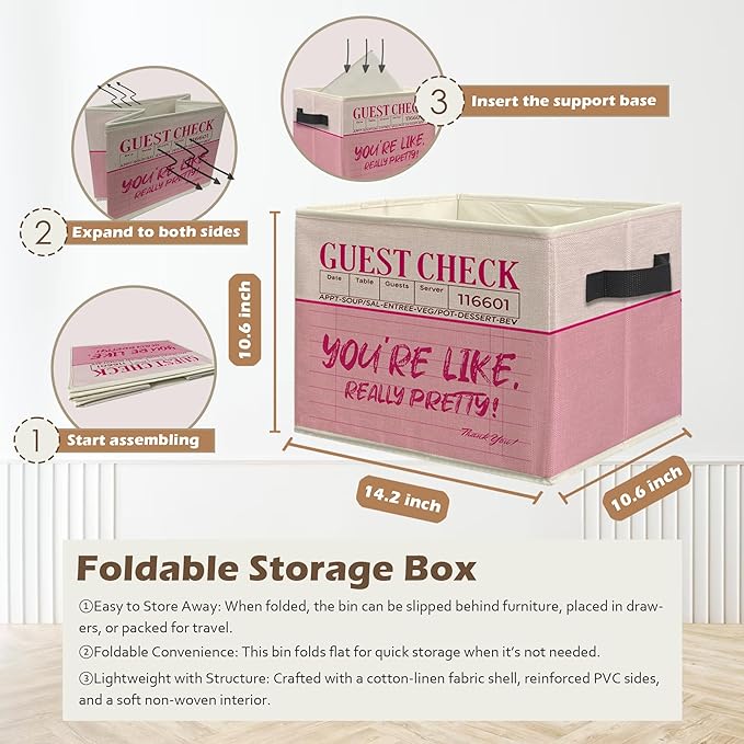 Trendy Preppy Pink Storage Box Bins, You're Like Really Pretty Guest Check Collapsible Storage Basket Organizer for Girls Room Laundry Room Apartment Clothes Books, Decor for Room