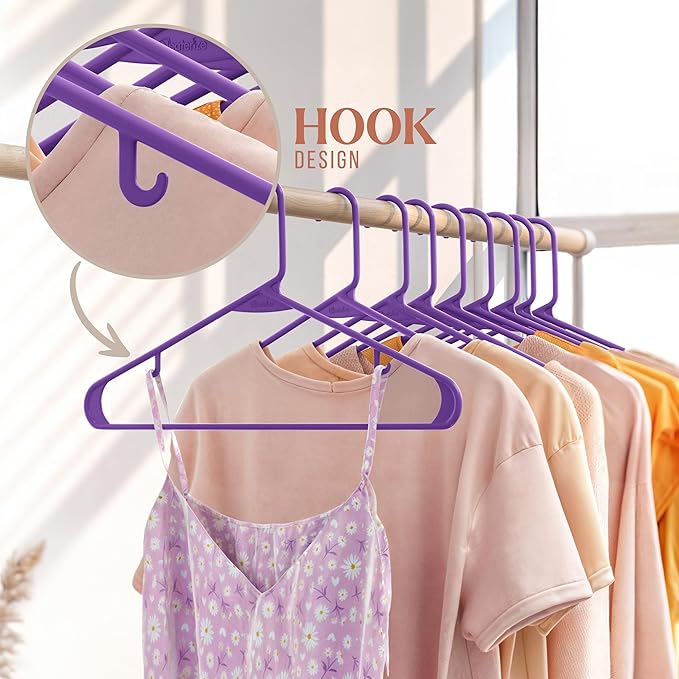 Plastic Hangers 50 Pack Purple - Clothes Hangers - Makes The Perfect Coat Hanger and General Space Saving Hangers for Closet and New Apartment Essentials - Percheros Ganchos para Colgar Ropa Hangars