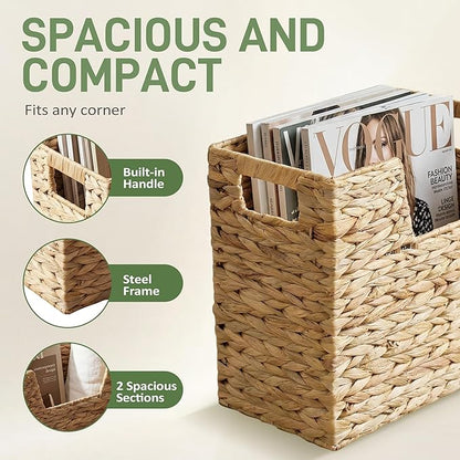 Wicker Magazine Basket with Handle, Water Hyacinth Magazine Holder with 2 Compartments, Handwoven Storage Basket for Books Files Newspapers
