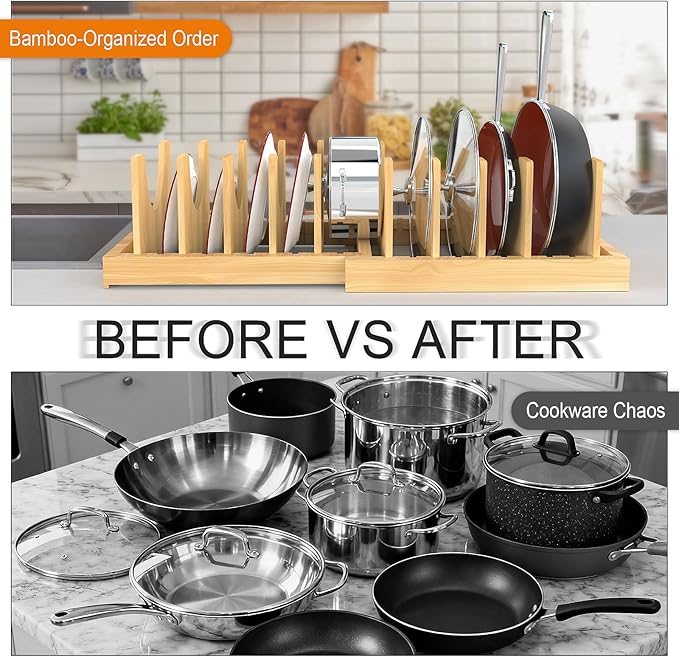 Expandable Bamboo Pot and Pan Organizer Under Cabinet, 2-in-1 Kitchen Pot and Lid Organizer with Adjustable 10 Dividers, Non-Slip Base for Pot Lids Holder, Cutting Board Organizers for Kitchen Storage