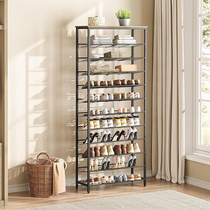 HOOBRO Shoe Rack for Entryway, 12-Tier Shoe Storage Organizer, Large Capacity for 33-36 Pairs of Shoes, Standing Shoe Shelf, Closet, Hallway, Adjustable Mesh Shelves, Rustic Brown and Black BF51XJ01