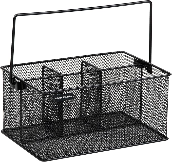Mind Reader Multi-purpose Storage Caddy with Handle, Desktop Organizer, Cutlery Holder, 4 Compartments, Metal Mesh, Black