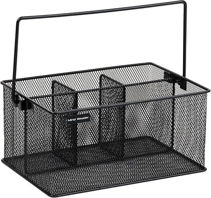 Mind Reader Multi-purpose Storage Caddy with Handle, Desktop Organizer, Cutlery Holder, 4 Compartments, Metal Mesh, Black