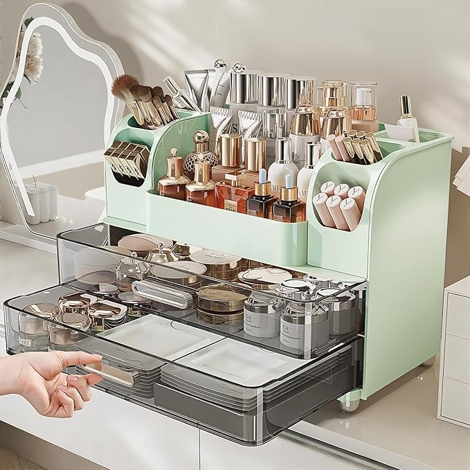 Makeup Organizer with Drawers for Vanity,Bathroom Countertop Organizer with Brushes Holder,Skincare Storage Organizer for Lipsticks,Nail Polishes, Perfumes,Eyeshadow Palettes (Green)