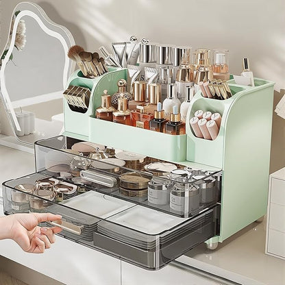 Makeup Organizer with Drawers for Vanity,Bathroom Countertop Organizer with Brushes Holder,Skincare Storage Organizer for Lipsticks,Nail Polishes, Perfumes,Eyeshadow Palettes (Green)
