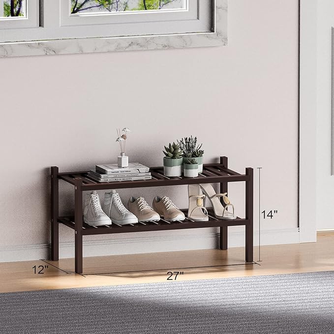 ROMGUAR CRAFT 2 Tier (Thick) Bamboo Shoe Rack for Closet Free Standing Wood Shoe Shelf for Entryway Small Space Stackable 27"x12"x14" (Black Brown)