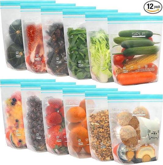 SPLF 12 Pack Reusable Gallon Freezer Bags Dishwasher Microwave Safe, 1 Gallon BPA Free Leakproof Food Storage Bags, Silicone Free Containers for Meal Prep, Fridge Kitchen Organization
